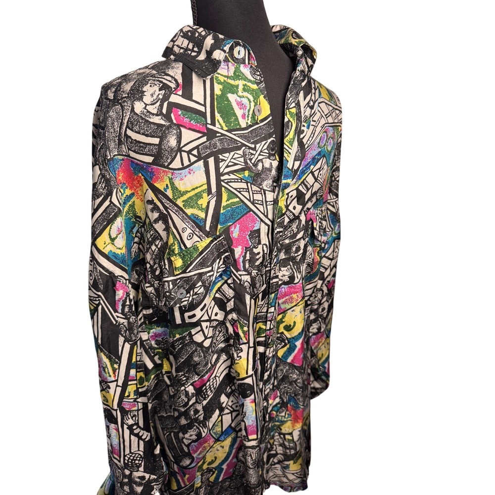 Vintage Abstract Graphic Silk Print Button Down Shirt Mens Long Sleeve deadstock